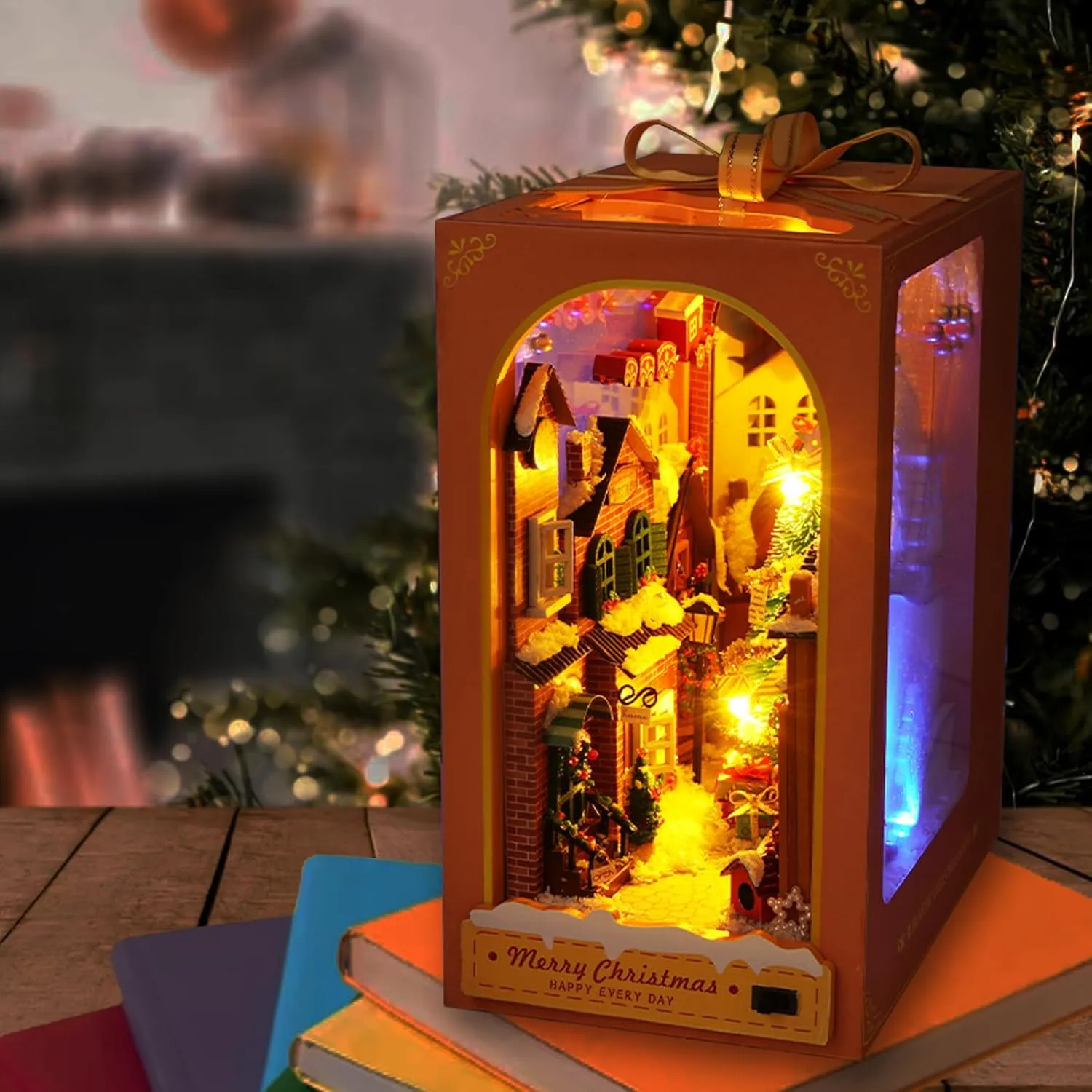 Puzzle Bookends Model Build-Creativity Kit with LED for Adults Teens(Christmas) DIY Christmas Book Nook Kit, DIY Dollhouse flee amend electricity ascend Booknook Bookshelf Insert Decor Alley, 3D Wooden 