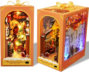 Puzzle Bookends Model Build-Creativity Kit with LED for Adults Teens(Christmas) DIY Christmas Book Nook Kit, DIY Dollhouse flee amend electricity ascend Booknook Bookshelf Insert Decor Alley, 3D Wooden 