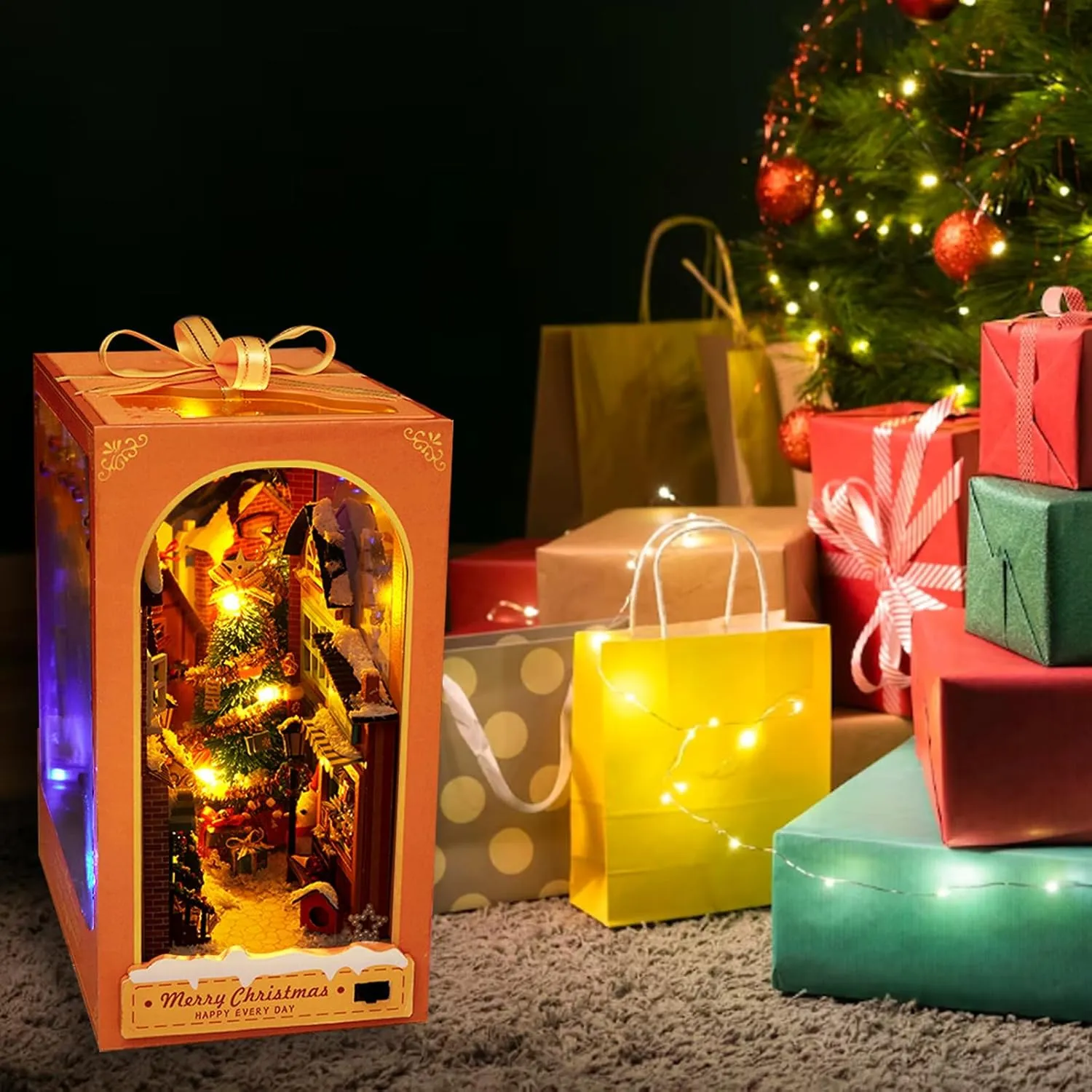 Puzzle Bookends Model Build-Creativity Kit with LED for Adults Teens(Christmas) DIY Christmas Book Nook Kit, DIY Dollhouse flee amend electricity ascend Booknook Bookshelf Insert Decor Alley, 3D Wooden 
