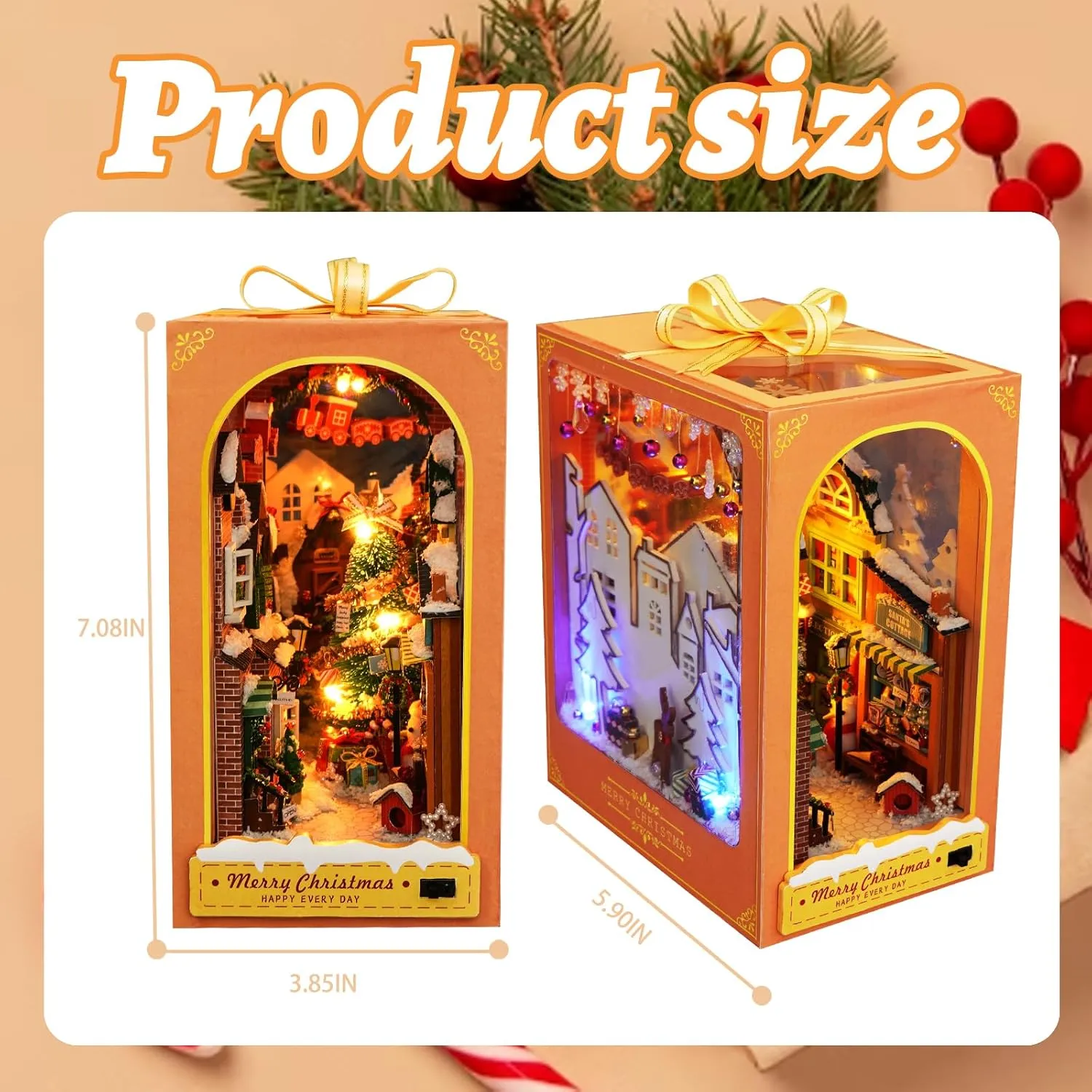 Puzzle Bookends Model Build-Creativity Kit with LED for Adults Teens(Christmas) DIY Christmas Book Nook Kit, DIY Dollhouse flee amend electricity ascend Booknook Bookshelf Insert Decor Alley, 3D Wooden 