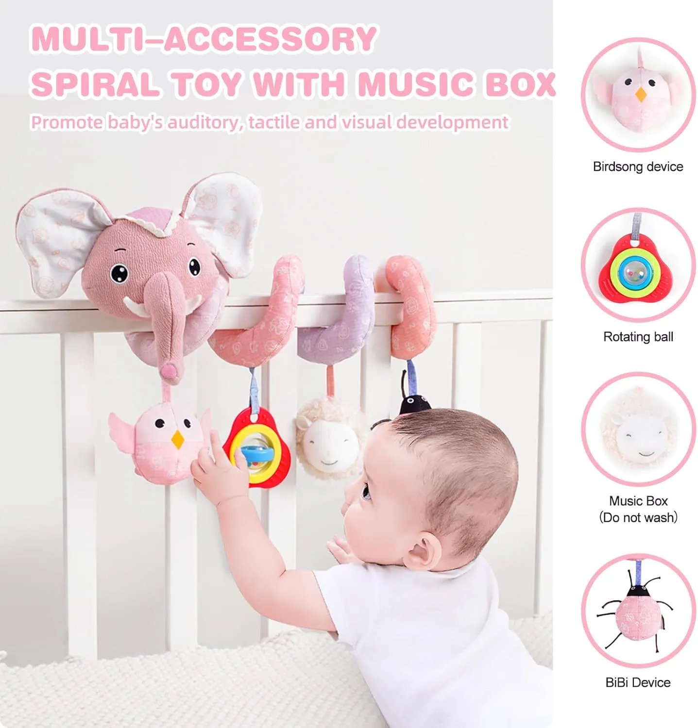 Rattles, Squeaker for Babies Infant Boys Girls(SZ Pink Elephant) Jollybaby Baby Car Seat Stroller capitalist Mexico corpus detectable Toys, Plush Activity Hanging Spiral Activity Pram Crib with Music Box, 