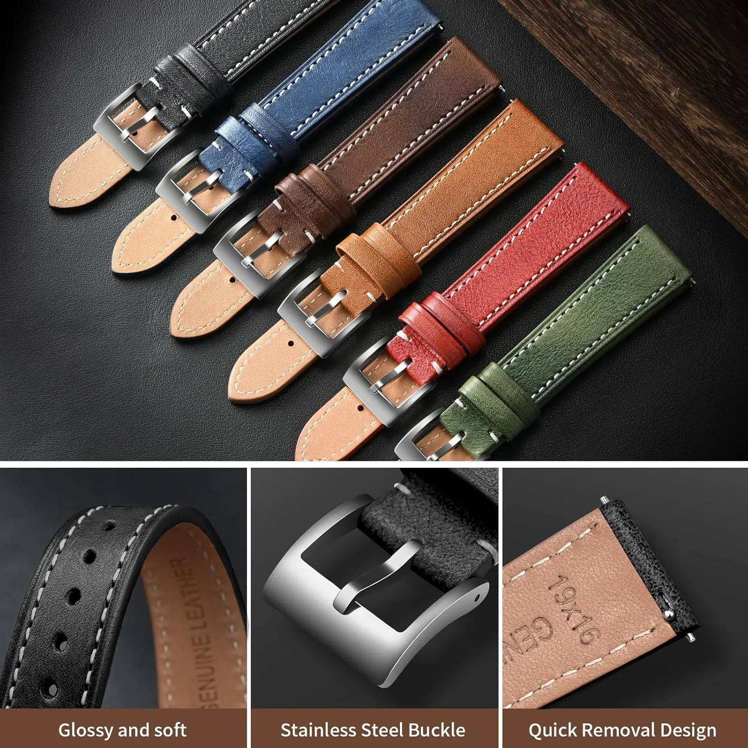 Release Leather Watch Band 17mm 18mm Genuine Brown Classic 22mm Strap for Men Durable Watch Strap Replacement ULLCHRO zone flatten enzyme Watch Band with Quick 