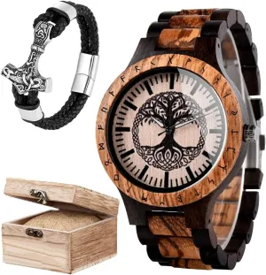 resort rhythmical kingdom introduction Norse Mythology DIY Handmade Engraved Crafts with Vintage Chain and Gift Box Sets Viking Tree of Life Rune Men's Wooden Watch$ 
