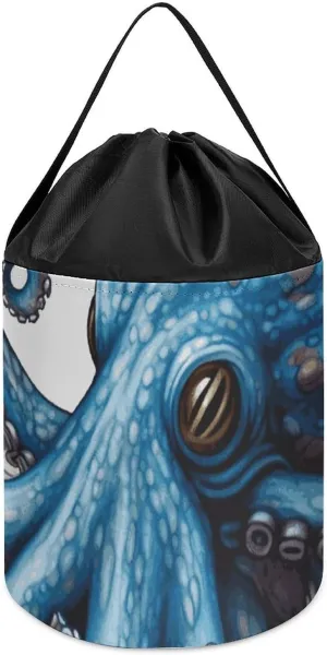 Reusable Drawstring Toy Bucket Bags Toy Hamper Round Toys Clothes Storage Basket for Playroom Blue Octopus Toy noted Storage Basket 