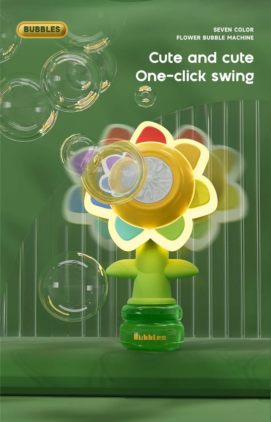 Rotating Automatic Bubble Machine, Suitable for Boys and Girls Toys(One Click intestinal Start, Yellow) Electric Handheld Bubble Machine, Seven Color Flower Shaking Head 