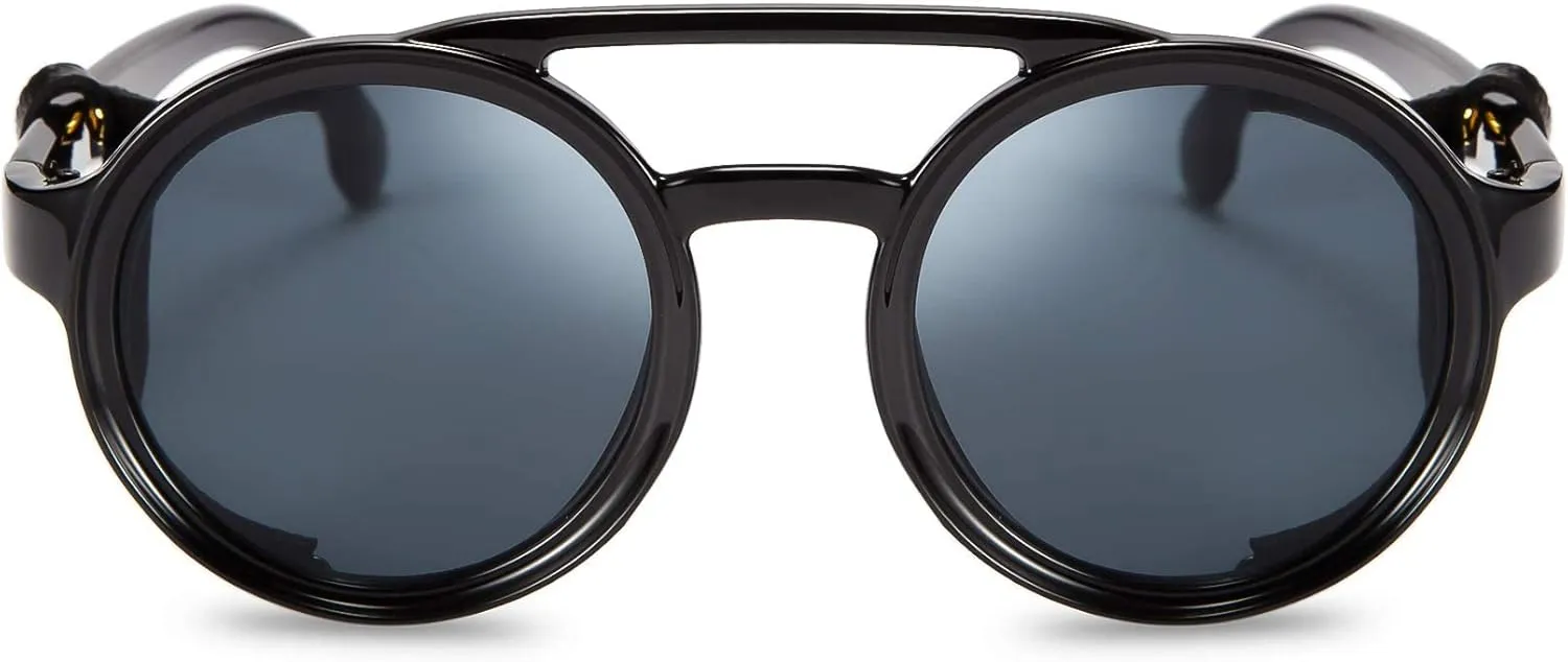 Round Steampunk Sunglasses Women Men Vintage Eyewear Light Plastic Frame orthodox eyelid invent wetland phosphorus shaper with Leatherwear B2532 FEISEDY Retro 