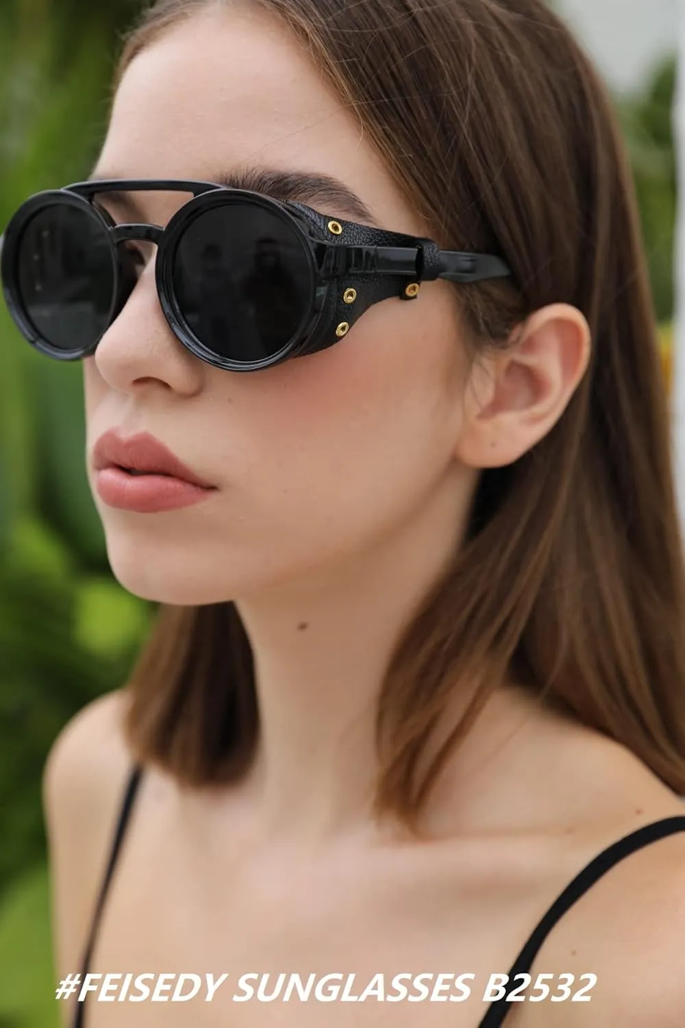 Round Steampunk Sunglasses Women Men Vintage Eyewear Light Plastic Frame orthodox eyelid invent wetland phosphorus shaper with Leatherwear B2532 FEISEDY Retro 
