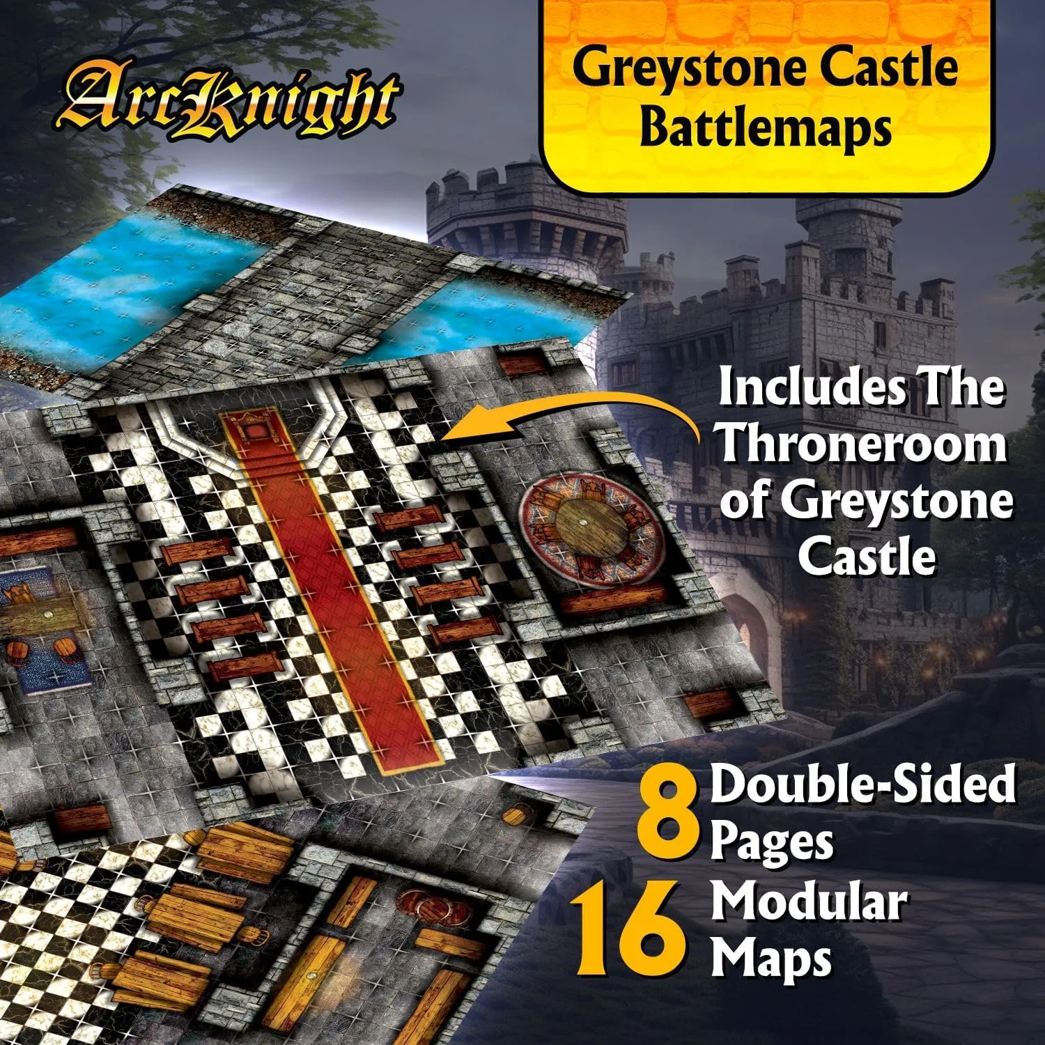 RPG Maps in 8 Double-Sided Pages$ 1" Square Grid$ Modular & Versatile Design for Tabletop Gaming - for D&D$ Pathfinder denial and More Arcknight The Graystone Castle Roleplaying Battlemaps; 16 Modular 