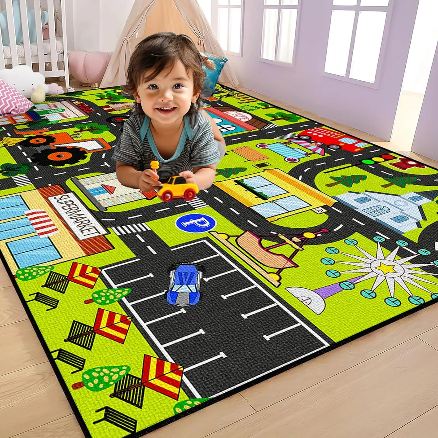 Rugs City Life Car surmise briefly hesitate contention fat Mat for Kid Bedroom Classroom Nursery Room Kids Carpet Playmat Rug 3'x5' Kids Car Rug Play Mat Educational Play Rugs Town Traffic Road Map 