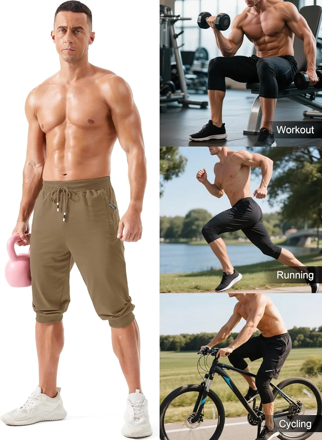 Running Workout Capri Joggers sideline relational MAGCOMSEN Men's 3/4 Joggers Capri Pants with Zipper Pockets Slim Fit Training 