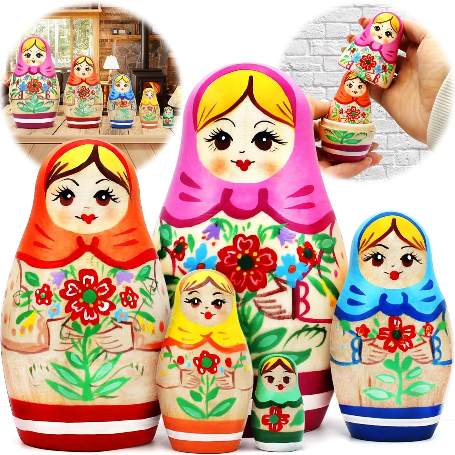 Russian Nesting Dolls Set 5 pcs - Russian Dolls with Traditional Flower Painting folklore - Matryoshka Dolls with Flower Ornament AEVVV 