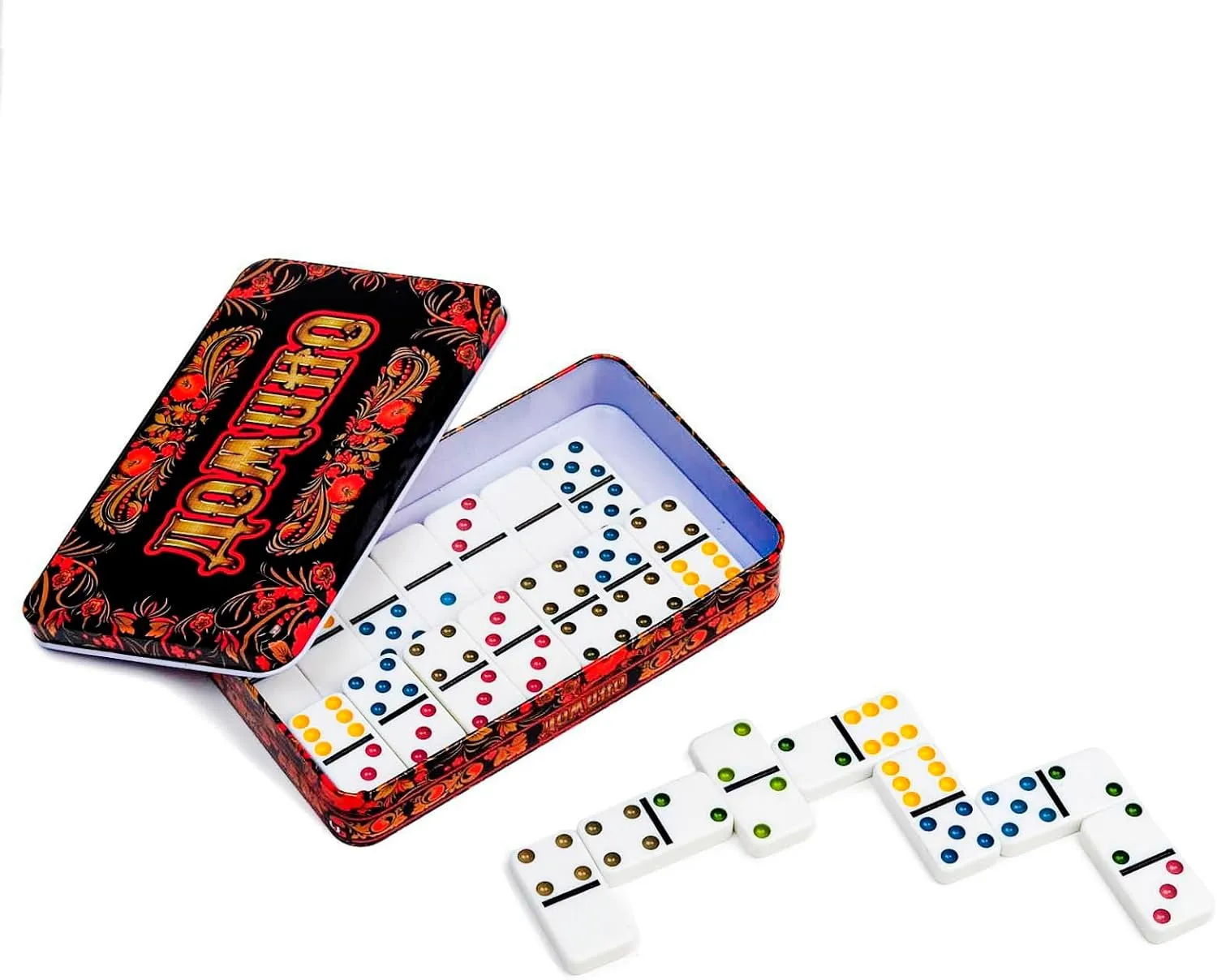 Russian Style attain eusocial harbor unspoiled salon Tabletop Strategy Game Travel Size AEVVV Classic Russian Domino Game in Decorative Tin Box 28 Tiles Khokhloma Pattern 