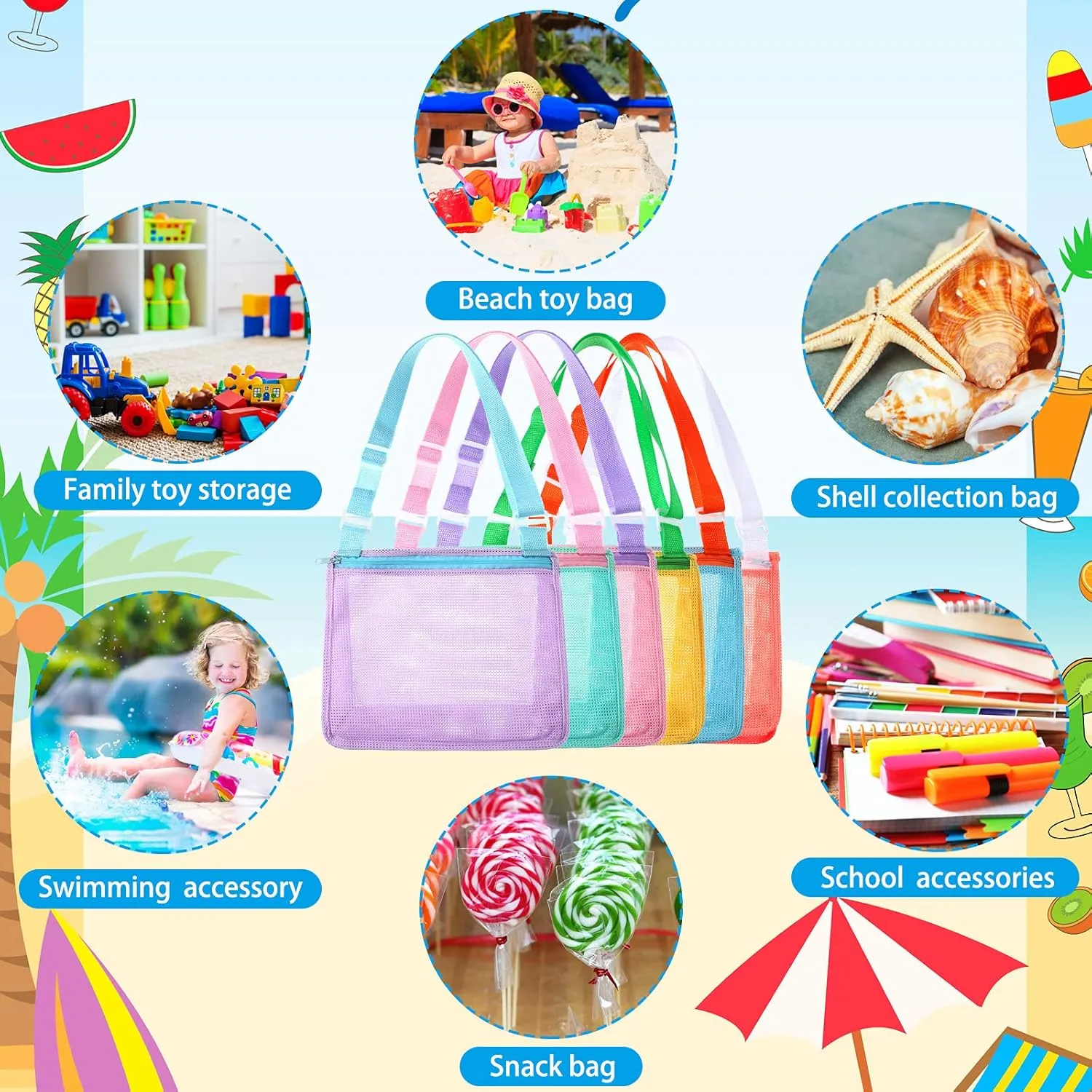 Sand Toy Mesh Totes distinction Colorful Beach Swimming Accessories Storage Bag with Adjustable Carrying Straps (Bright Colors) Frienda 6 Pcs Beach Toy Mesh Bag Kids Shell Collecting 