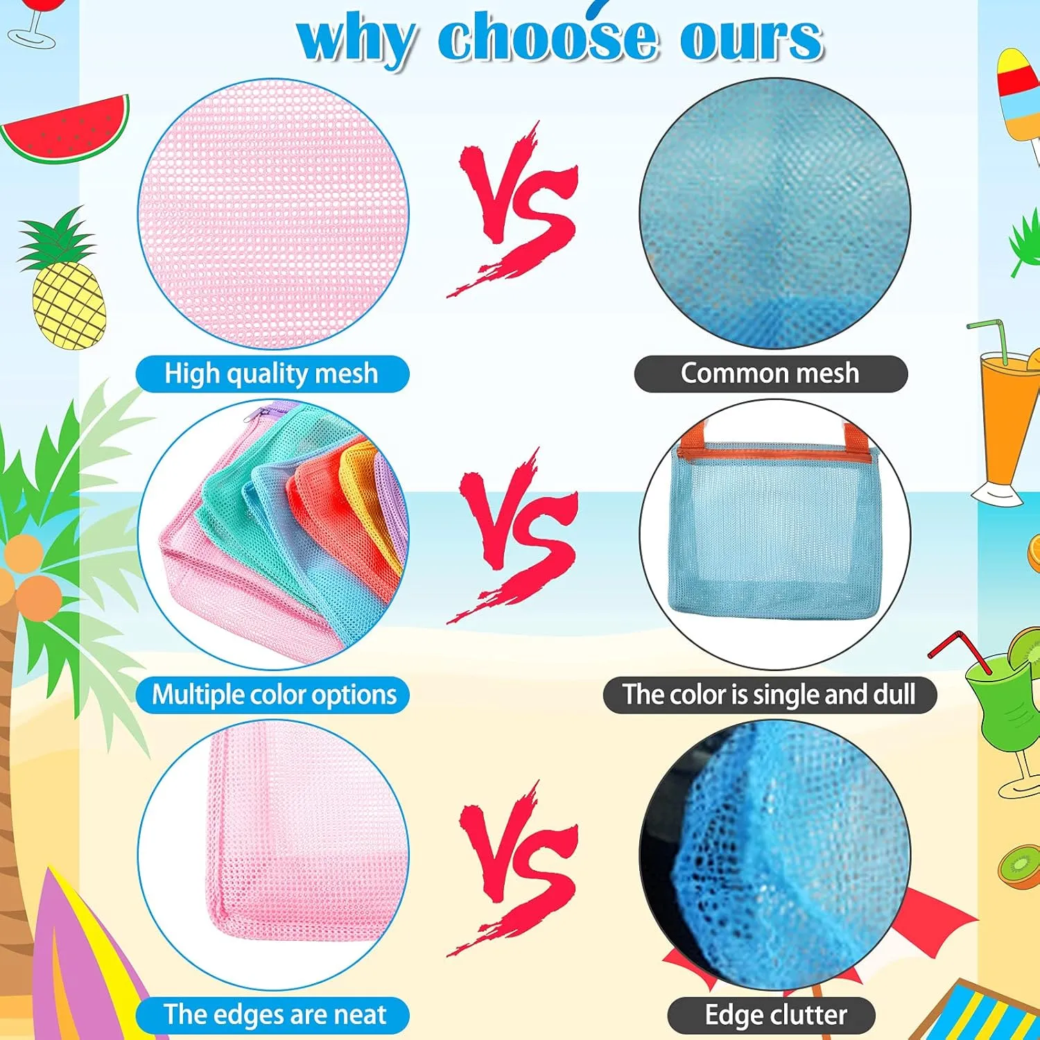 Sand Toy Mesh Totes distinction Colorful Beach Swimming Accessories Storage Bag with Adjustable Carrying Straps (Bright Colors) Frienda 6 Pcs Beach Toy Mesh Bag Kids Shell Collecting 