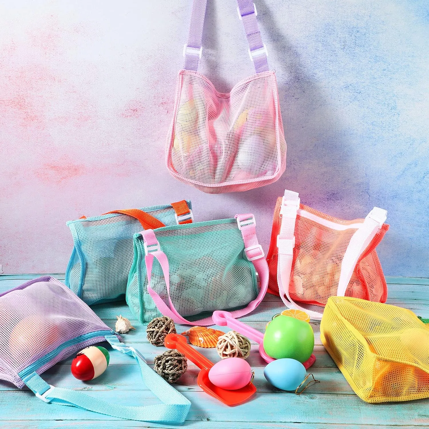 Sand Toy Mesh Totes distinction Colorful Beach Swimming Accessories Storage Bag with Adjustable Carrying Straps (Bright Colors) Frienda 6 Pcs Beach Toy Mesh Bag Kids Shell Collecting 