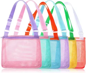 Sand Toy Mesh Totes distinction Colorful Beach Swimming Accessories Storage Bag with Adjustable Carrying Straps (Bright Colors) Frienda 6 Pcs Beach Toy Mesh Bag Kids Shell Collecting 