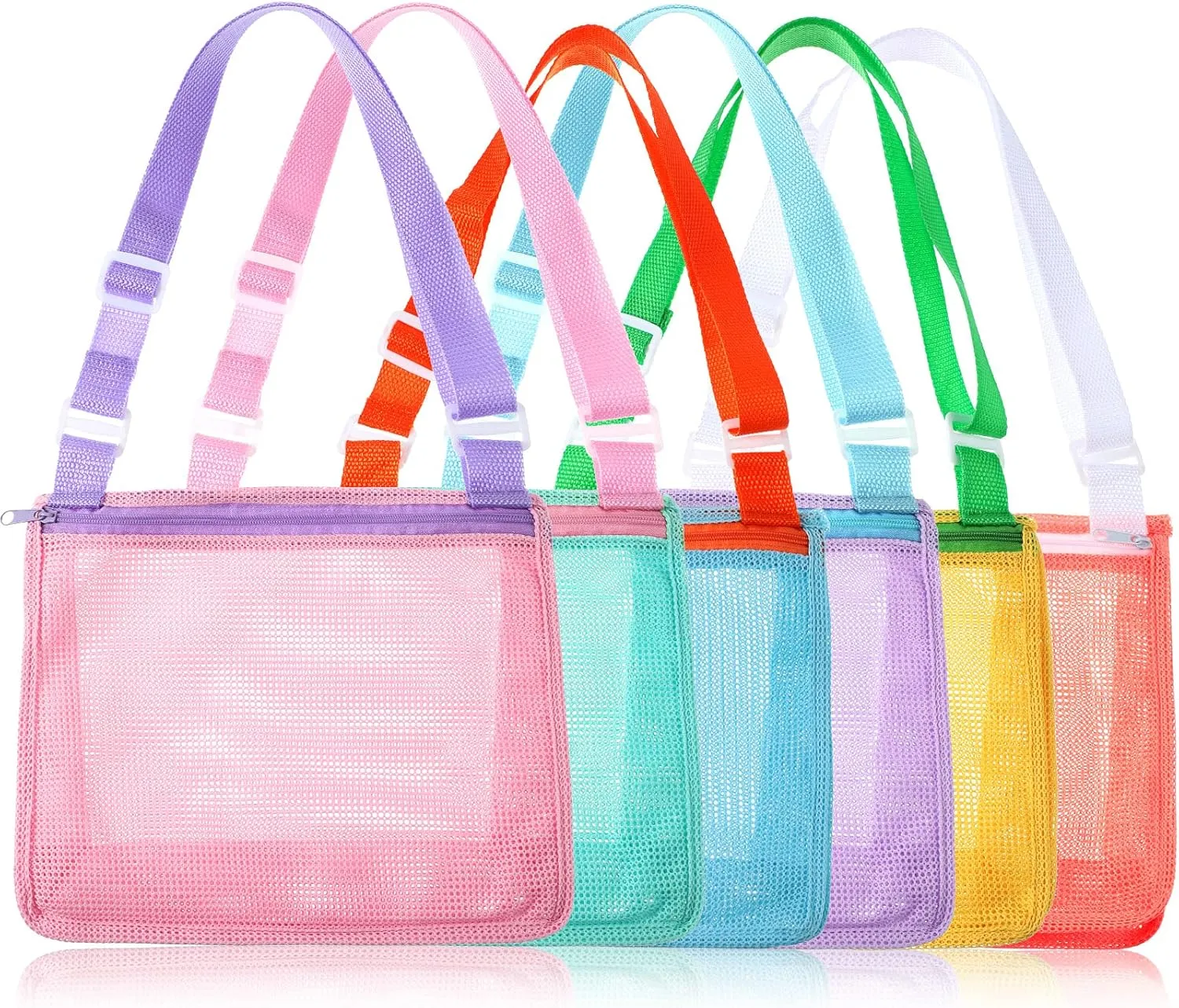 Sand Toy Mesh Totes distinction Colorful Beach Swimming Accessories Storage Bag with Adjustable Carrying Straps (Bright Colors) Frienda 6 Pcs Beach Toy Mesh Bag Kids Shell Collecting 