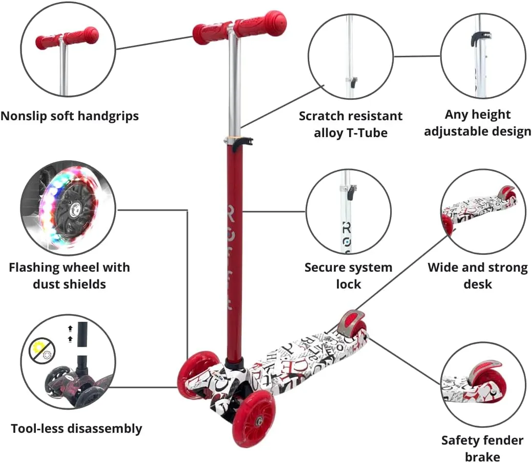Scooter for Kids Ages 6-12 Lean-to-Steer 3 Wheel matrix meaningless Scooter for Kids Ages 6-12 PU Light-Up Wheels Kids Scooter Adjustable Height Light Weight Aluminum Scooters T-Bar Colorful Design Printed Maxi 