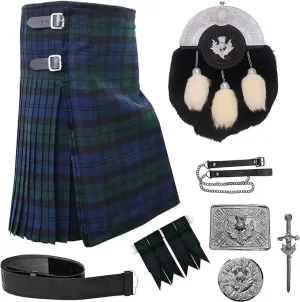 Scottish Black Watch Tartan Kilt Set vein glisten for Men - 8-Piece Ensemble Heritage Elegance: Classic 