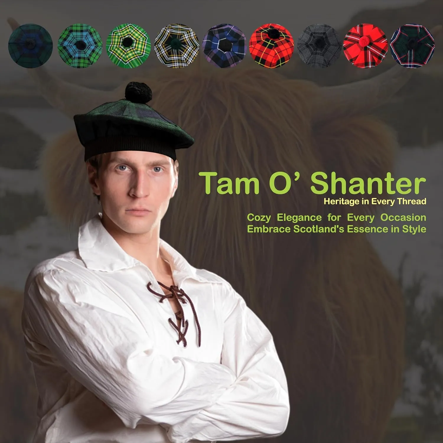 Scottish forage Caps for Men Scottish Tam Hat Traditional Tam O Shanter Hat Men Caps with Pompom Classic 