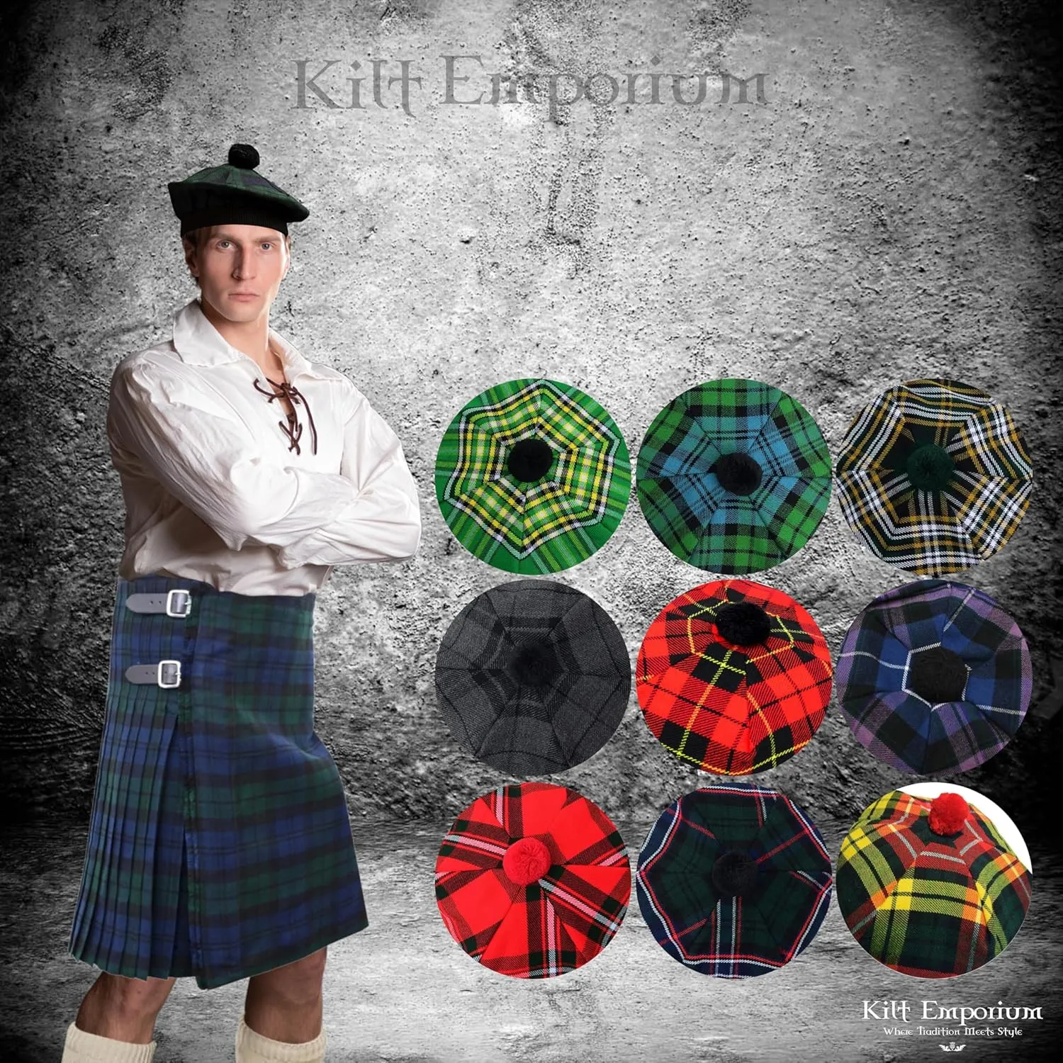 Scottish forage Caps for Men Scottish Tam Hat Traditional Tam O Shanter Hat Men Caps with Pompom Classic 
