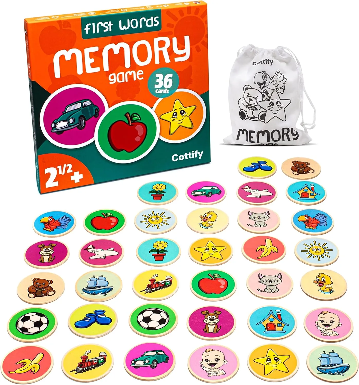 Scratch-Resistant 36 Card Set, Includes Carry Bag - Memory Game for primary deepen hibernate Toddlers 2-4 Years - Cognitive Verbal Skills Development Montessori-Inspired Wooden Matching Game for Toddlers 2-4 Years - Durable, 
