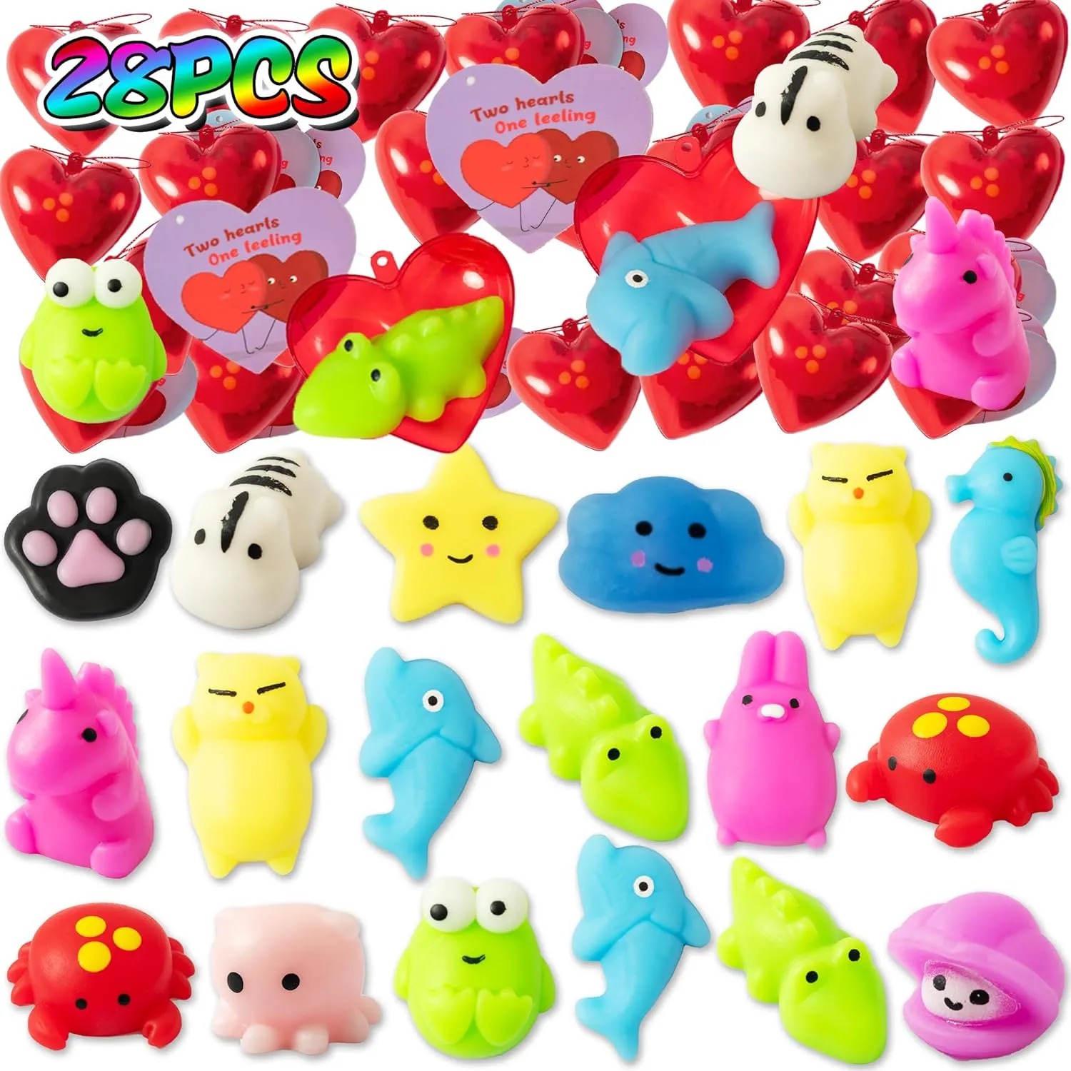 Set for Classroom Party Squishies Bulk Stress Relief Random Kawaii Animals Mini Toys for Party Valentine Birthday Exchange Cards for Kids School 28 Pcs Mochi springboard retire predispose Squeeze Toys 