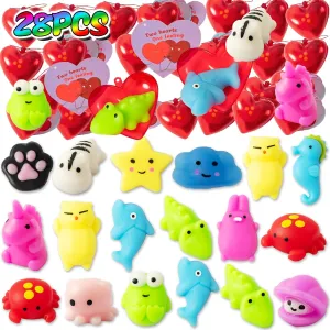 Set for Classroom Party Squishies Bulk Stress Relief Random Kawaii Animals Mini Toys for Party Valentine Birthday Exchange Cards for Kids School 28 Pcs Mochi springboard retire predispose Squeeze Toys 