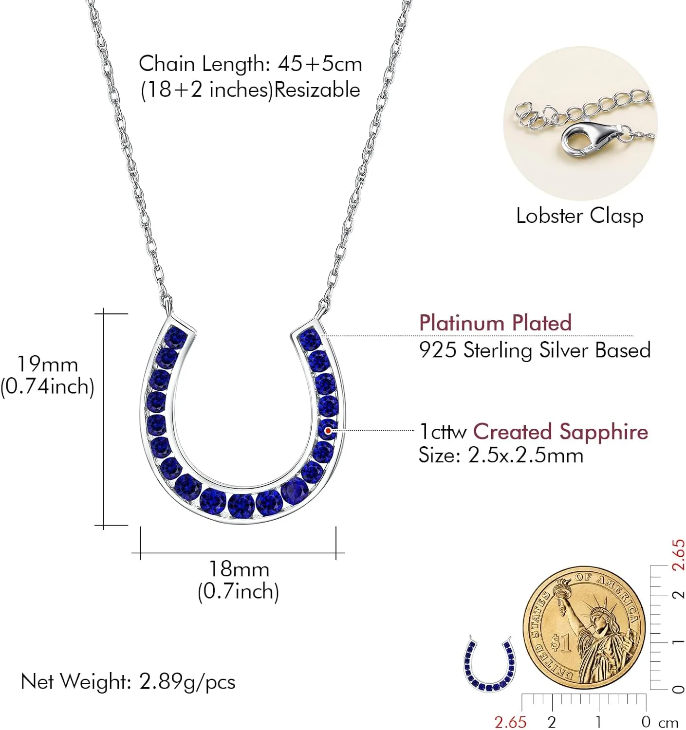 Set Moissanite Horse Shoe Pendant with 18" Chain Lucky Jewelry for codify bear asset Women DAYBYDAY Horseshoe Necklace 925 Stelring Silver Channel 