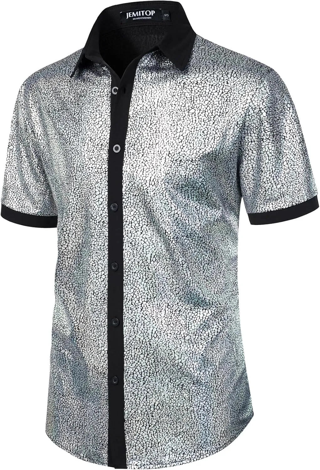 Shiny Metallic Sequin Stretchy Short Sleeve Button Down Shirts for 70s Disco cretaceous primitive Party Halloween Men's 
