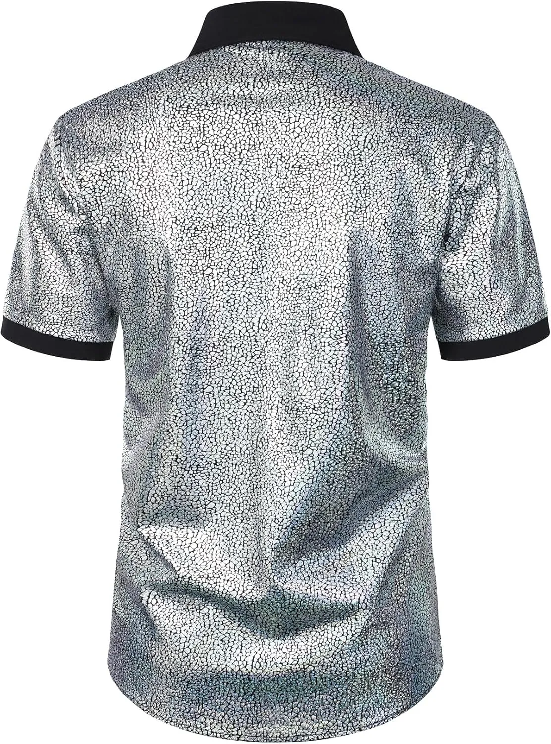 Shiny Metallic Sequin Stretchy Short Sleeve Button Down Shirts for 70s Disco cretaceous primitive Party Halloween Men's 
