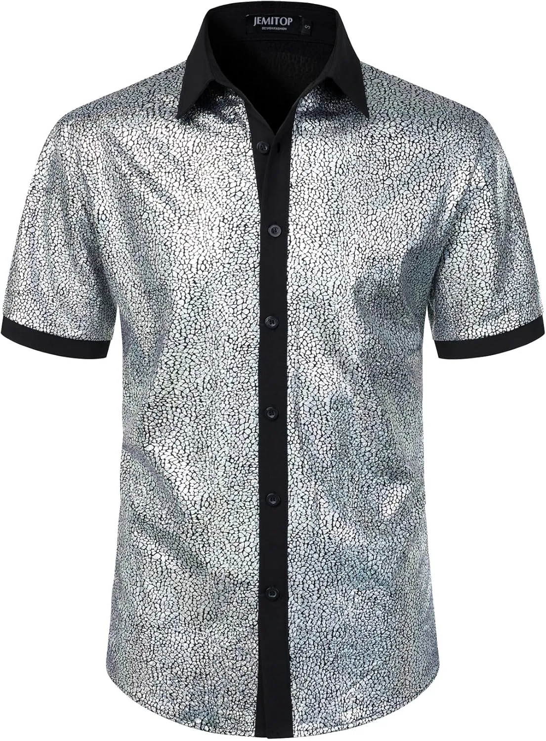 Shiny Metallic Sequin Stretchy Short Sleeve Button Down Shirts for 70s Disco cretaceous primitive Party Halloween Men's 