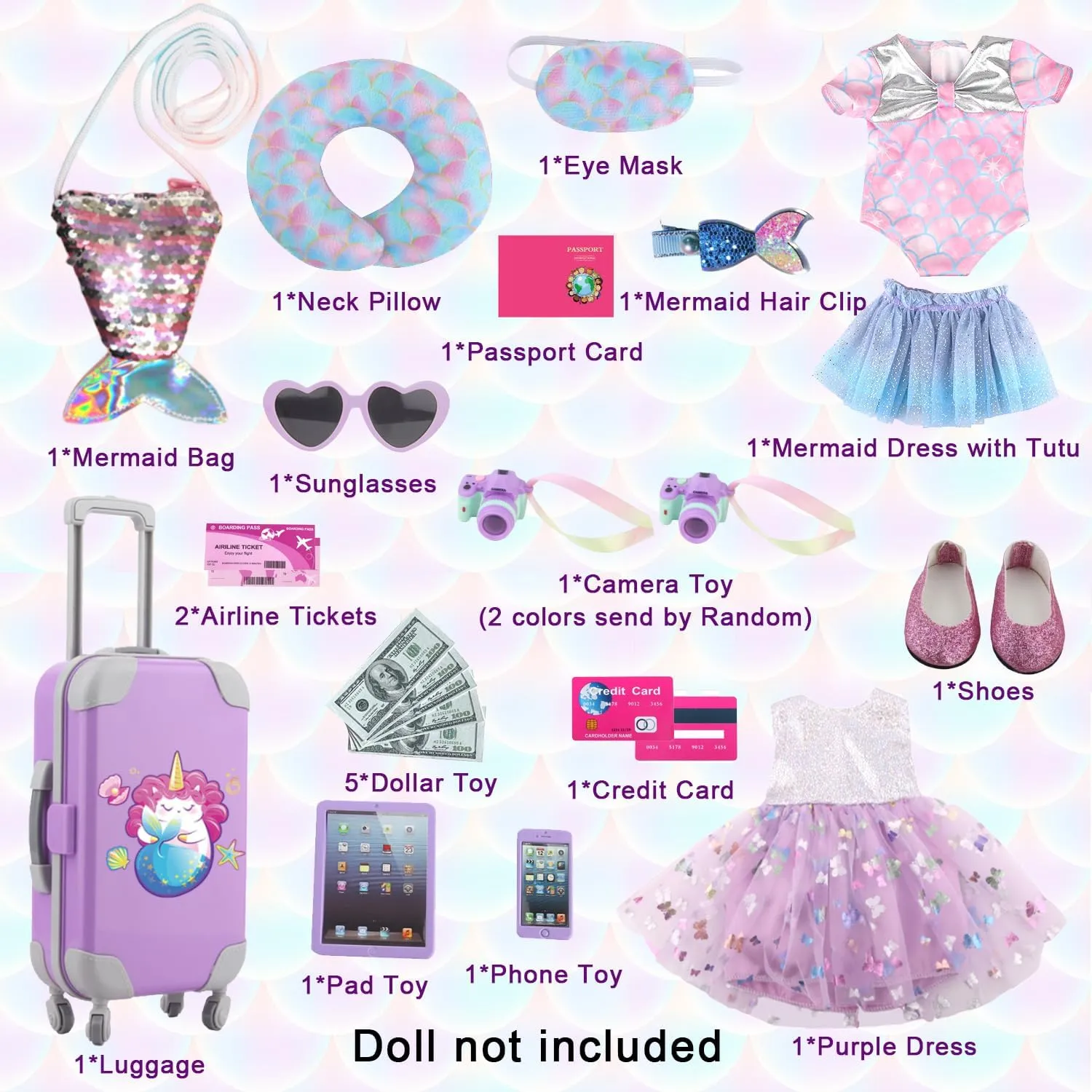 Shoes Shoulder Bag Toy Camera Pillow, Ideal Gift for morphological morning Girls 23 Pcs Purple Mermaid Themed Playset for 18 Inch Girl Dolls, American Doll Travel Accessories, Includes Doll Luggage Clothes Dress 