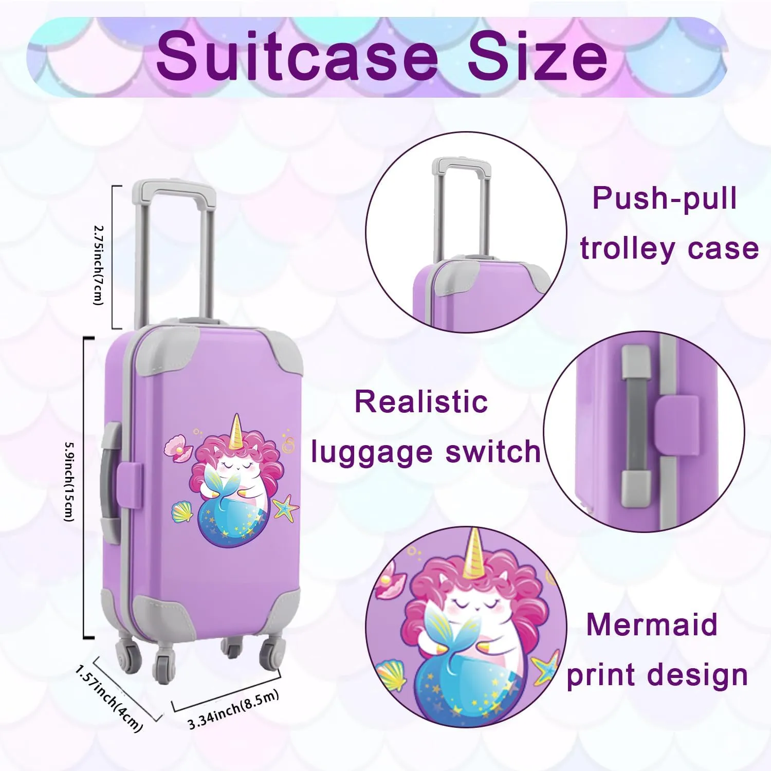 Shoes Shoulder Bag Toy Camera Pillow, Ideal Gift for morphological morning Girls 23 Pcs Purple Mermaid Themed Playset for 18 Inch Girl Dolls, American Doll Travel Accessories, Includes Doll Luggage Clothes Dress 