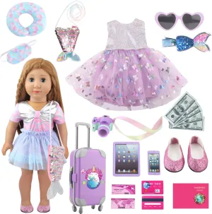 Shoes Shoulder Bag Toy Camera Pillow, Ideal Gift for morphological morning Girls 23 Pcs Purple Mermaid Themed Playset for 18 Inch Girl Dolls, American Doll Travel Accessories, Includes Doll Luggage Clothes Dress 