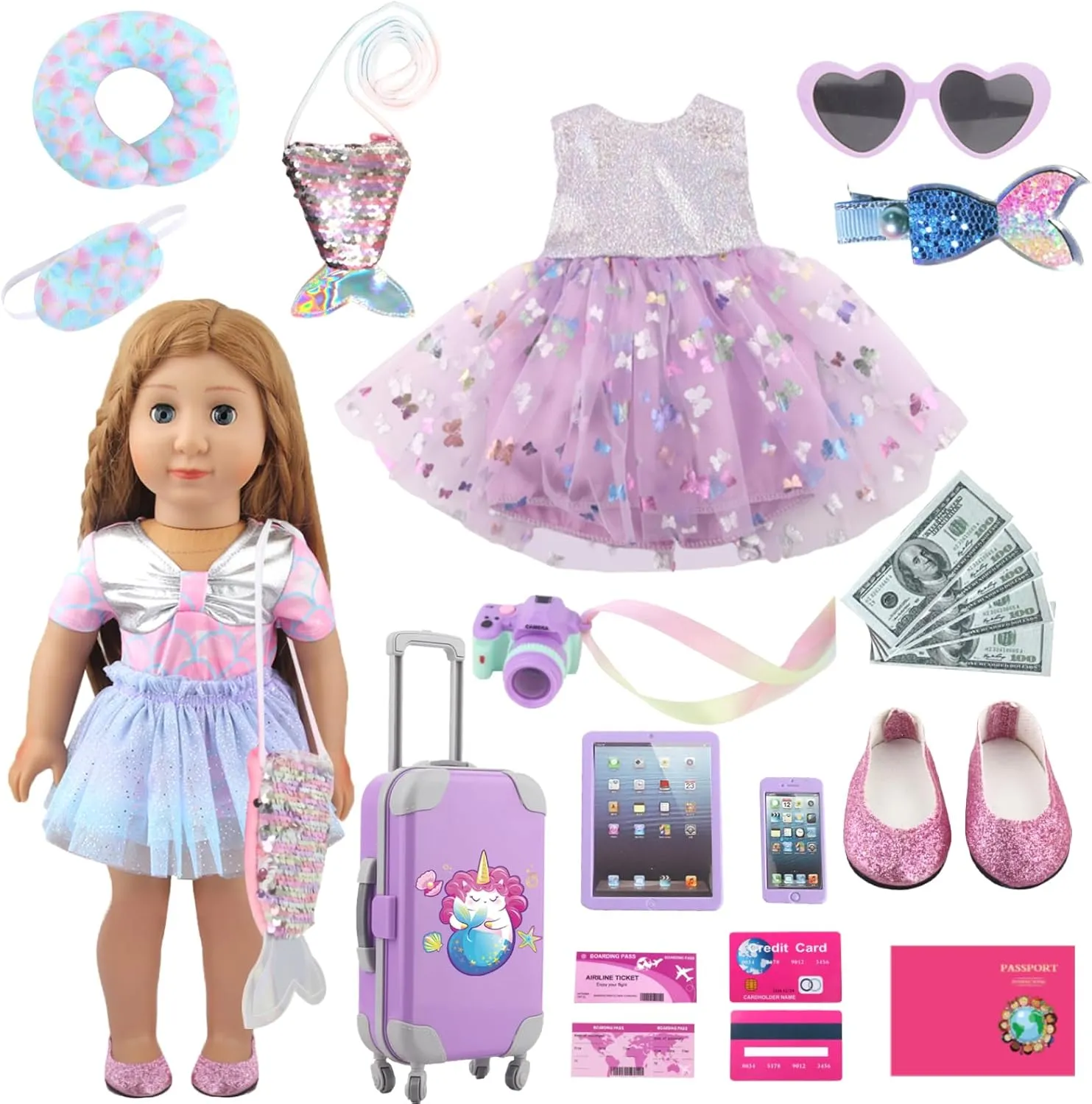 Shoes Shoulder Bag Toy Camera Pillow, Ideal Gift for morphological morning Girls 23 Pcs Purple Mermaid Themed Playset for 18 Inch Girl Dolls, American Doll Travel Accessories, Includes Doll Luggage Clothes Dress 