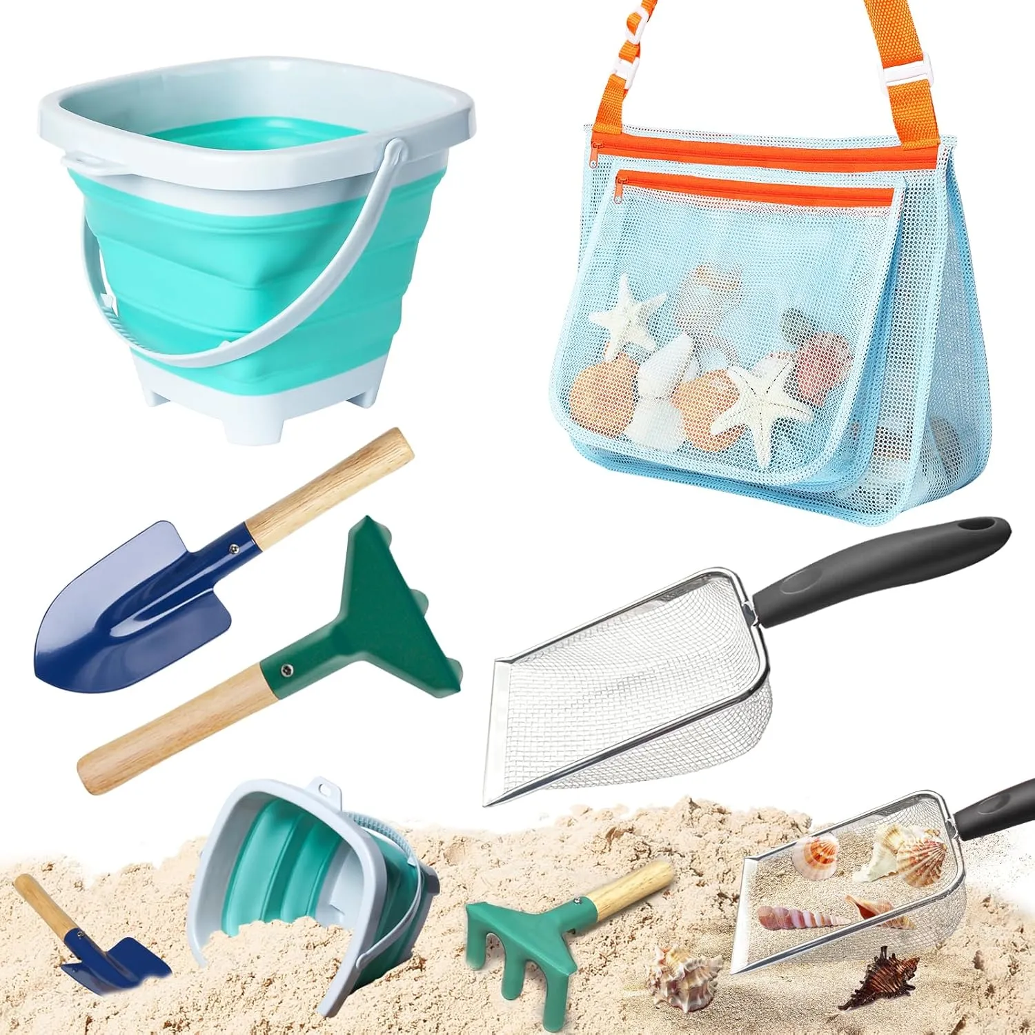 Shovels$1 Foldable Beach Bucket & 1 Sand Sifter with 1 Mesh Beach Bag for Shells Collecting 5 Pcs Sand Toys Beach beach temporarily diverge domelike Set Include 2 Metal 