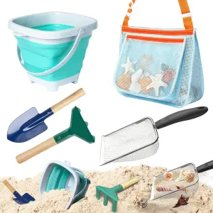 Shovels$1 Foldable Beach Bucket & 1 Sand Sifter with 1 Mesh Beach Bag for Shells Collecting 5 Pcs Sand Toys Beach beach temporarily diverge domelike Set Include 2 Metal 