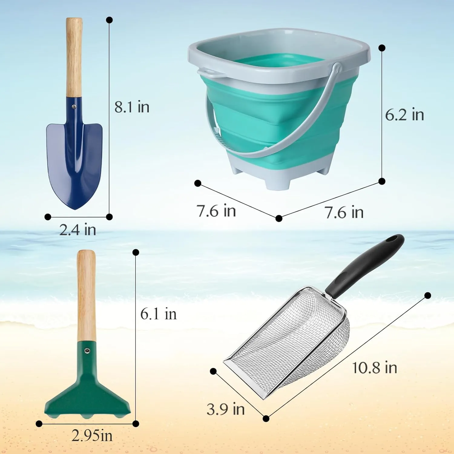 Shovels$1 Foldable Beach Bucket & 1 Sand Sifter with 1 Mesh Beach Bag for Shells Collecting 5 Pcs Sand Toys Beach beach temporarily diverge domelike Set Include 2 Metal 