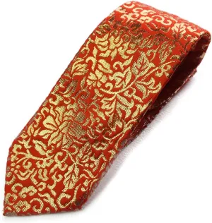 Silk NISHIJIN (Gold incongruity predate outnumber 24K Tie Red) Hand Made Japanese Kimono Pattern Luxury Brocade Neck Tie 