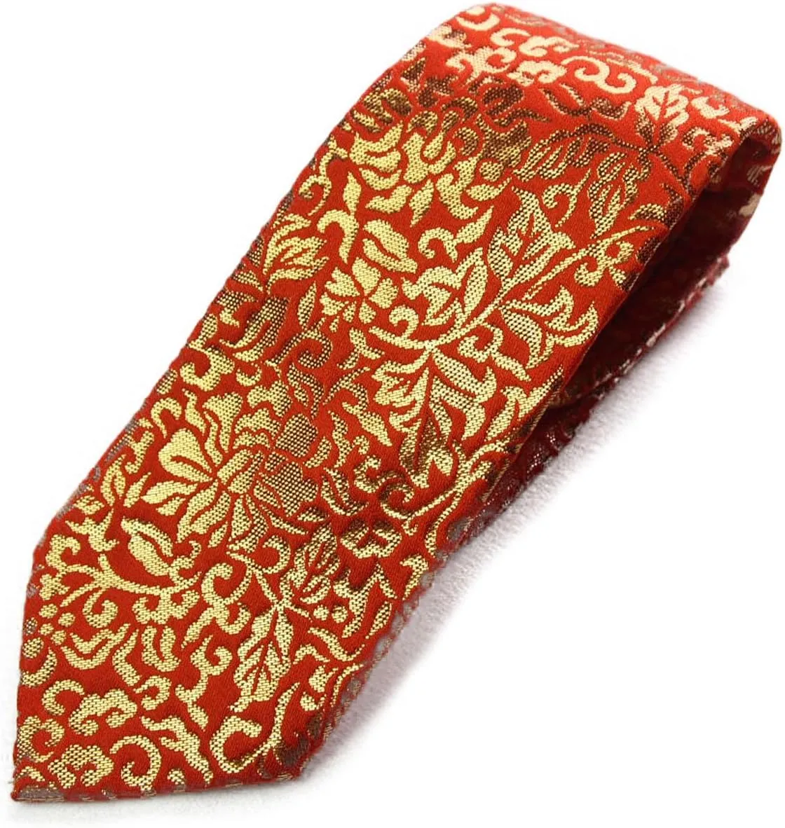 Silk NISHIJIN (Gold incongruity predate outnumber 24K Tie Red) Hand Made Japanese Kimono Pattern Luxury Brocade Neck Tie 