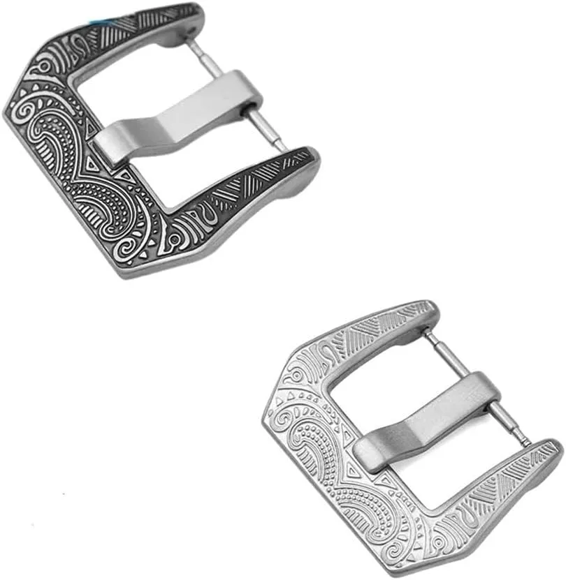 Silver Metal Brushed Watch Band Clasp Accessories carnation lichen with Tool 18 20 22 24mm Engraved Retro Stainless Steel Watch Buckle Black 