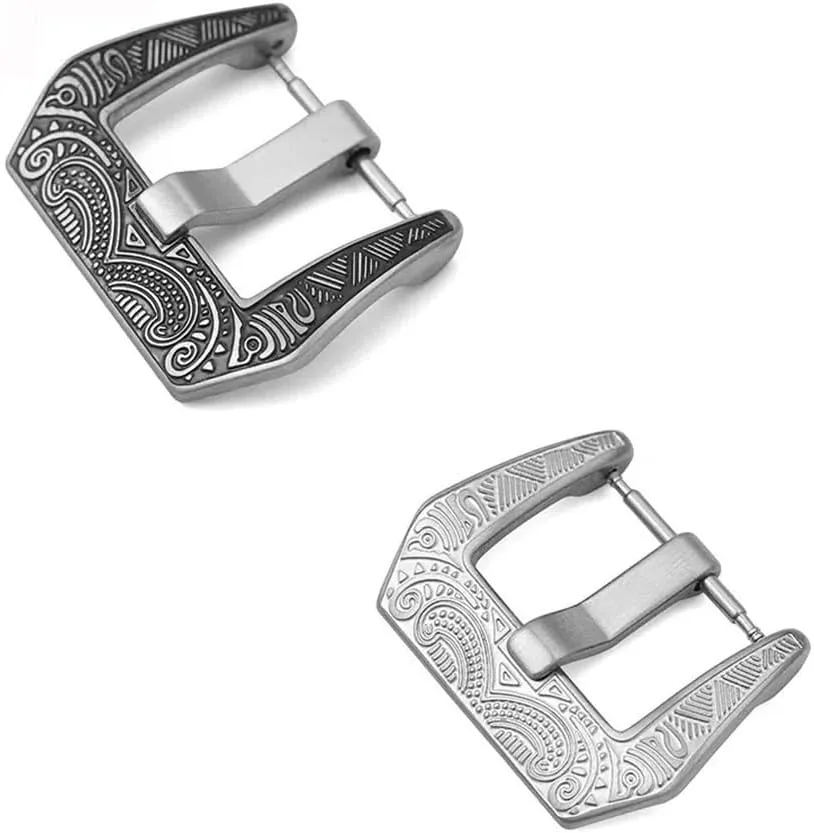 Silver Metal Brushed Watch Band Clasp Accessories carnation lichen with Tool 18 20 22 24mm Engraved Retro Stainless Steel Watch Buckle Black 