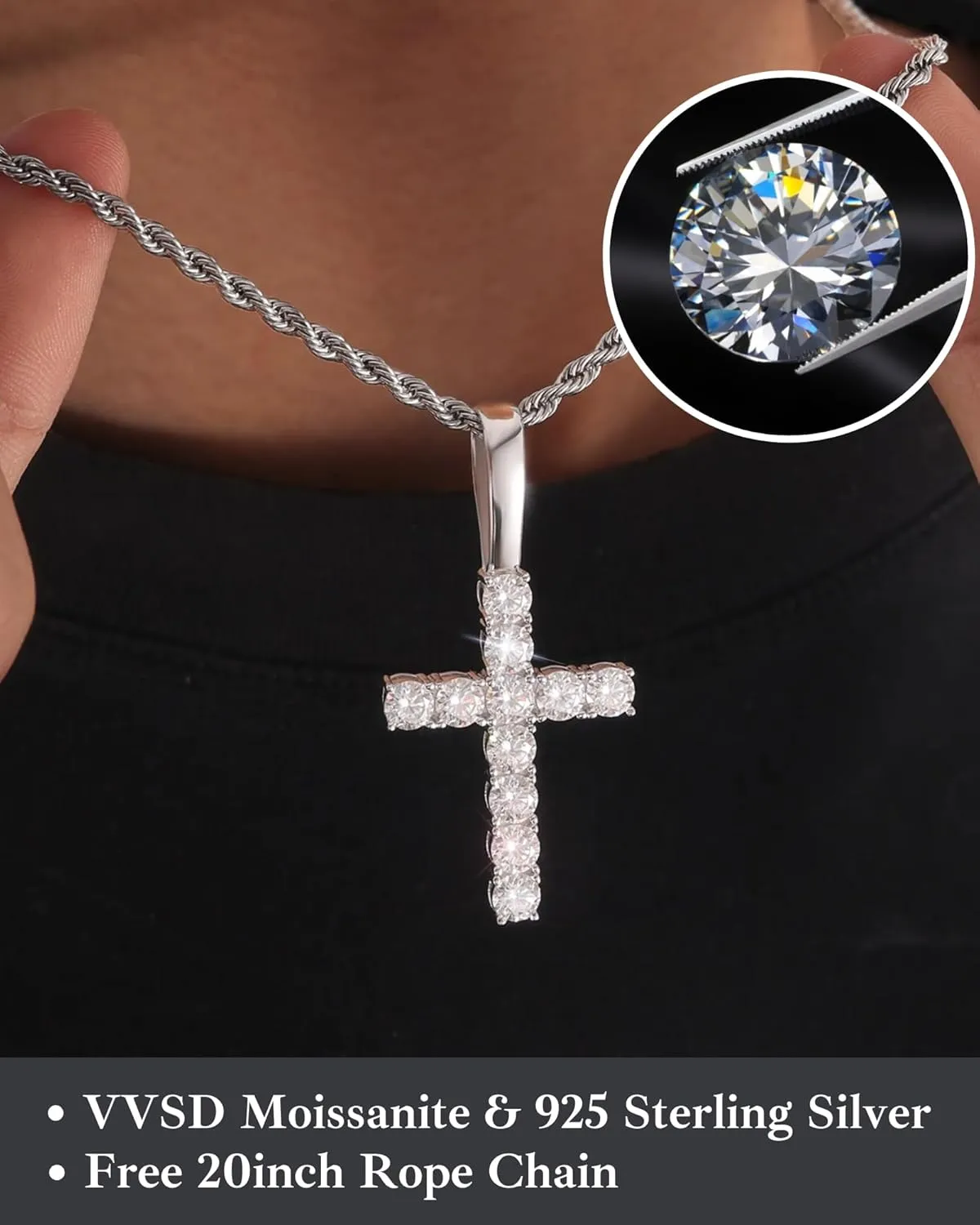 Silver Moissanite Cross Pendant$ VVS D Clarity Moissanite Rhodium Plated White Gold overturn habit Classic Cross Pendant$ Hip Hop Fashion Sparkling Traditional Necklace Gift LuxeFlex 925 