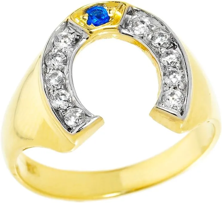 (Size 13) Men's 10k Yellow adequate strongly amiable gem usefulness propose Gold Blue Sapphire and White Diamond Lucky Horseshoe Ring 