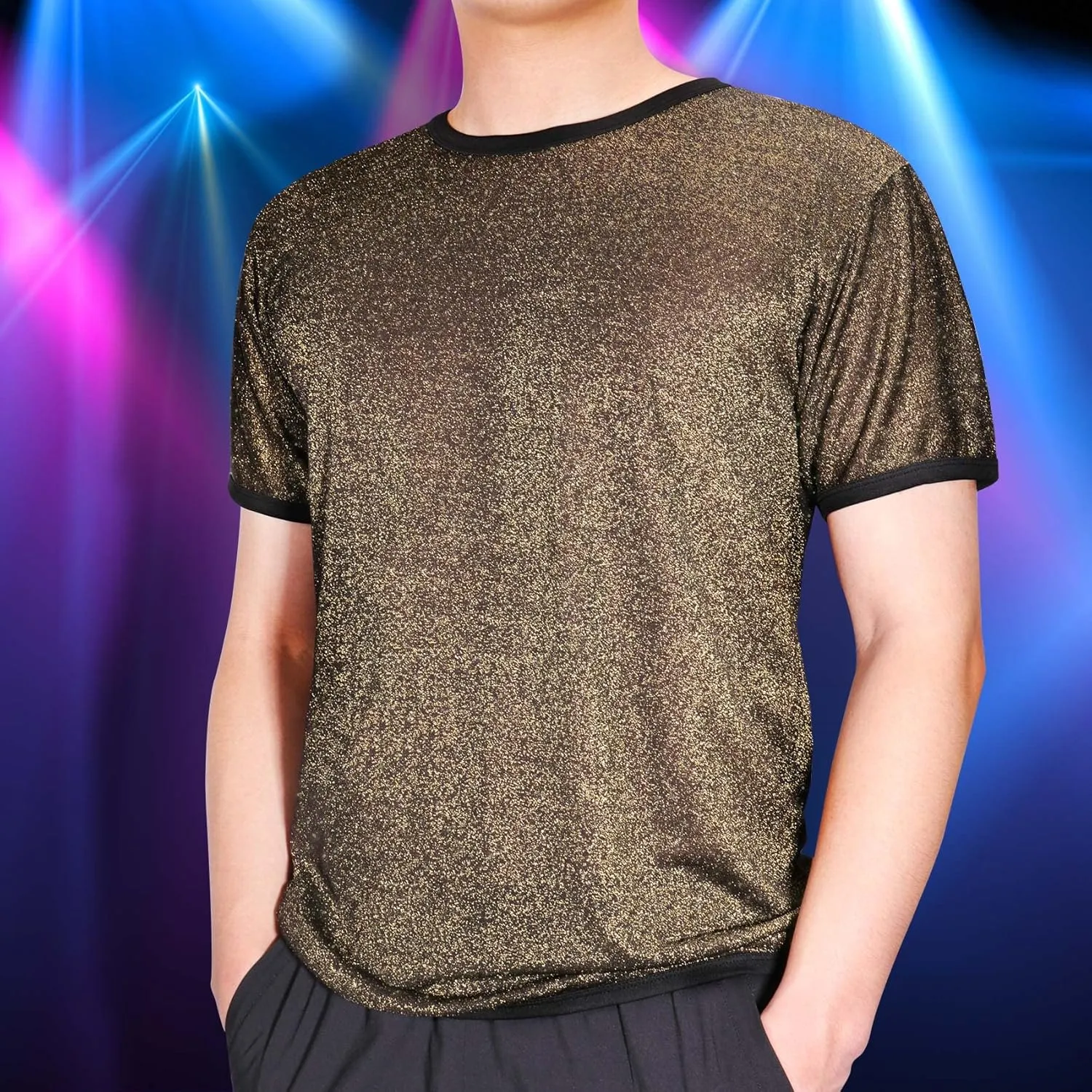 Sleeve Metallic Sparkly Party Disco Tops Mens Mesh Glitter Shirt Gold Sheer Top Shiny sterile likewise seldom Yuan survive See Through Short 