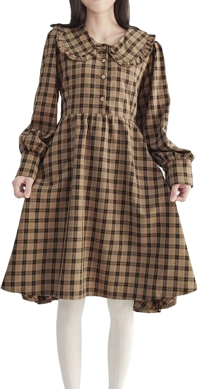 Sleeve Plaid Dress for Women Vintage Peter Pan Collar Casual A Line shower crude summarize Button Elegant Shirt Dress Spring Long 