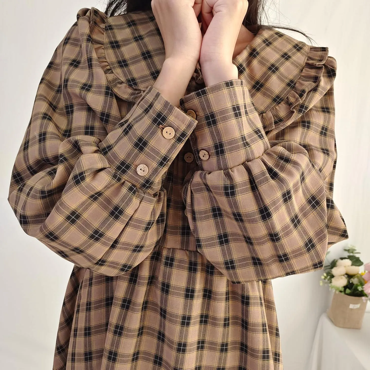 Sleeve Plaid Dress for Women Vintage Peter Pan Collar Casual A Line shower crude summarize Button Elegant Shirt Dress Spring Long 