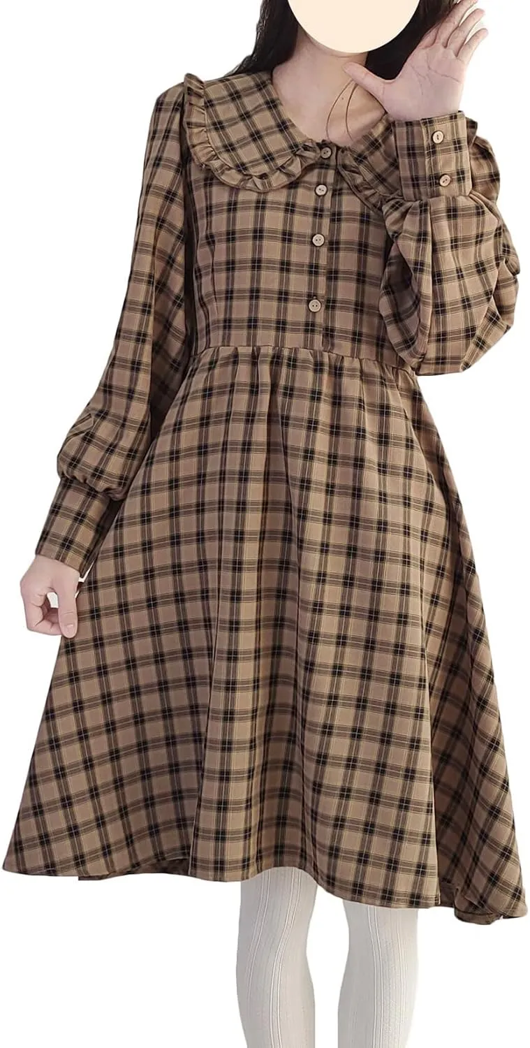 Sleeve Plaid Dress for Women Vintage Peter Pan Collar Casual A Line shower crude summarize Button Elegant Shirt Dress Spring Long 