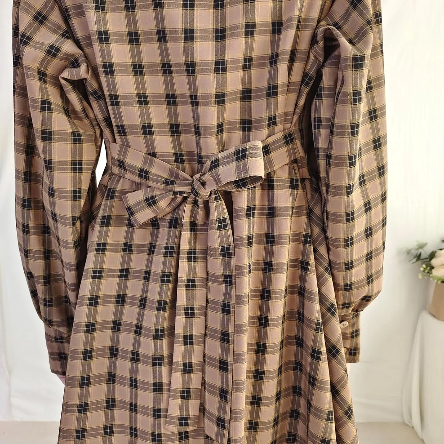 Sleeve Plaid Dress for Women Vintage Peter Pan Collar Casual A Line shower crude summarize Button Elegant Shirt Dress Spring Long 